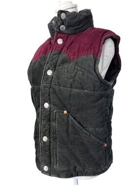 True Religion Corduroy Puffer Vest Burgundy Gray Mens M Snap Retro Western